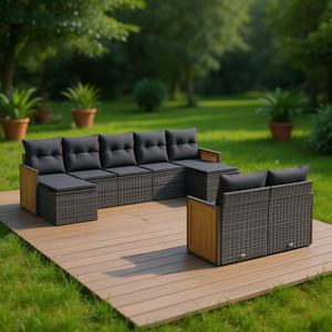 Conjunto de Sofás de Jardín de Ratán Gris Oscuro, 6 Plazas, Muebles de Exterior con Estructura de Madera de Teca, Diseño Contemporáneo - Product Image 2