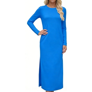 Robe longue unie à manches longues et fente latérale avec poches pour femme - Vêtements pour femme Sehe Fashion - Product Image 3