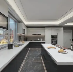 Kabinet Dapur Modern 2022 Pemasok Cina Apartemen Sangat Mengkilap Dapur Pernis dengan Kabinet Desain Pulau