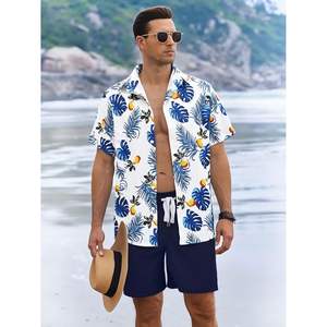 Ensemble de plage pour homme personnalisé, 2 pièces, chemise et short à imprimé hawaïen, bleu Monstera XL, polyester tissé respirant - Product Image 6