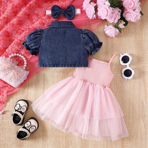 Conjunto de Ropa de Verano para Bebés y Niñas, Estilo <span class=keywords><strong>Vaquero</strong></span>, Chaqueta Corta, Falda de Malla con Tirantes, Estilo Puff - Product Image 4