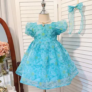 2-7 Years Blue Girls Princess Dress Summer Print Wholesale Baby Dresses Kids Clothing Store Design Little Girls Party Dresses
