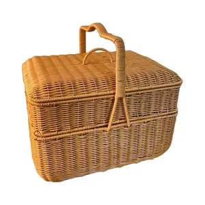 Cesto da Picnic portatile fatto a mano in Rattan in Polywicker all'aperto con manico a coperchio cesto portaoggetti resistente