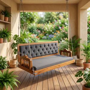 Chaise suspendue de patio extérieure en bois avec coussin gris non imperméable pour 2 personnes, design traditionnel - Product Image 1