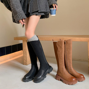 Botas Planas de Tacón Bajo, Casuales, Retro, de Moda, de Cuero Genuino, con Cierre Lateral Simple y Suela Gruesa, de Color Sólido - Product Image 3