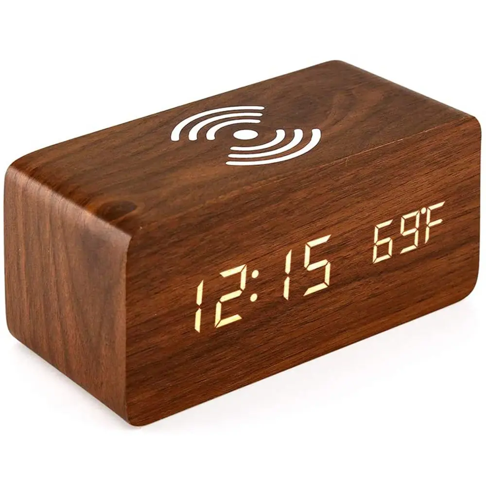 ワイヤレス充電パッド付き木製デジタル目覚まし時計