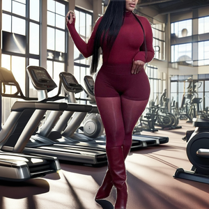 Ensemble décontracté 3 pièces tricoté et brodé pour femme, col montant, haut à manches longues, short de yoga moulant uni et collants - Product Image 2