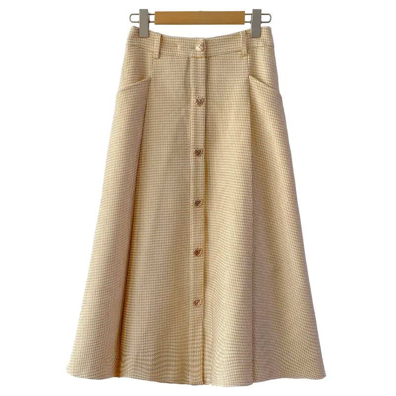 New Arrival Autumn and Winter Chic Jacquard Tweed Skirt Button Up High Waist Tweed A-line Pockets Office Ladies Daily Skirts
