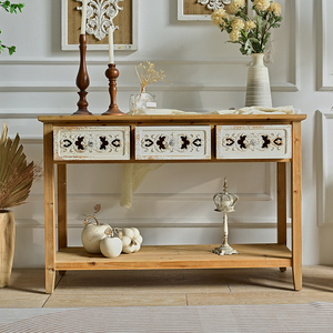 Living Room Entrance Hallway Classic Scalloped Edge Long Vintage <b>Rustic</b> Hall White Washed Wood and Metal <b>Console</b> <b>Table</b> - Product Image 2