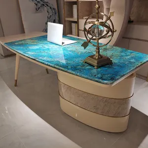 Mesa de escritório de mármore de luxo, mesa de estudo para casa escritório azul e branco de mármore