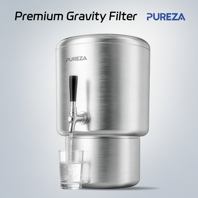 PUREZA 2.25 Gallon Gravity Water Filter System | Countertop Purifier for Home & Kitchen Outdoor| Reduce PFAS, PFOS