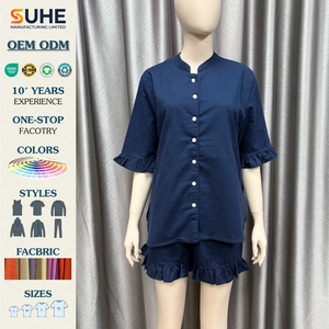 ชุดนอนผ้าลินินผู้หญิง SUHE พร้อมส่ง รับผลิตแบรนด์ส่วนตัว เสื้อแขนสั้นติดกระดุม กางเกงขาสั้นระบาย ชุดนอนฤดูร้อน รับผลิตแบบ OEM ODM - Product Image 2