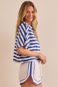 Sustainable 95% Polyester 5% <b>Linen</b> Gingham Striped Relaxed Oversized Active Short Sleeve <b>Top</b> Boxy T Shirts and Shorts Sets - Product Image 2
