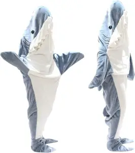 Aiyisha New Cozy Fluffy Fleece Onesie Wearable Full Size Shark Hoodie Blanket For Kids Adults