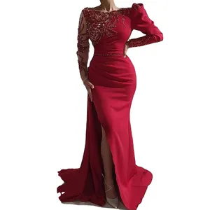 Muslim Red O Neck Full Sleeves Stain Evening Long Gowns Serene Hill LA70992 Mermaid Formal Dinner Party Wear Dresses For Women