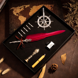 Ensemble cadeau de stylo à bille exquis avec plume, pointe de 0,5 mm, en plastique, encre noire indélébile, support en forme de roue de bateau - Product Image 4