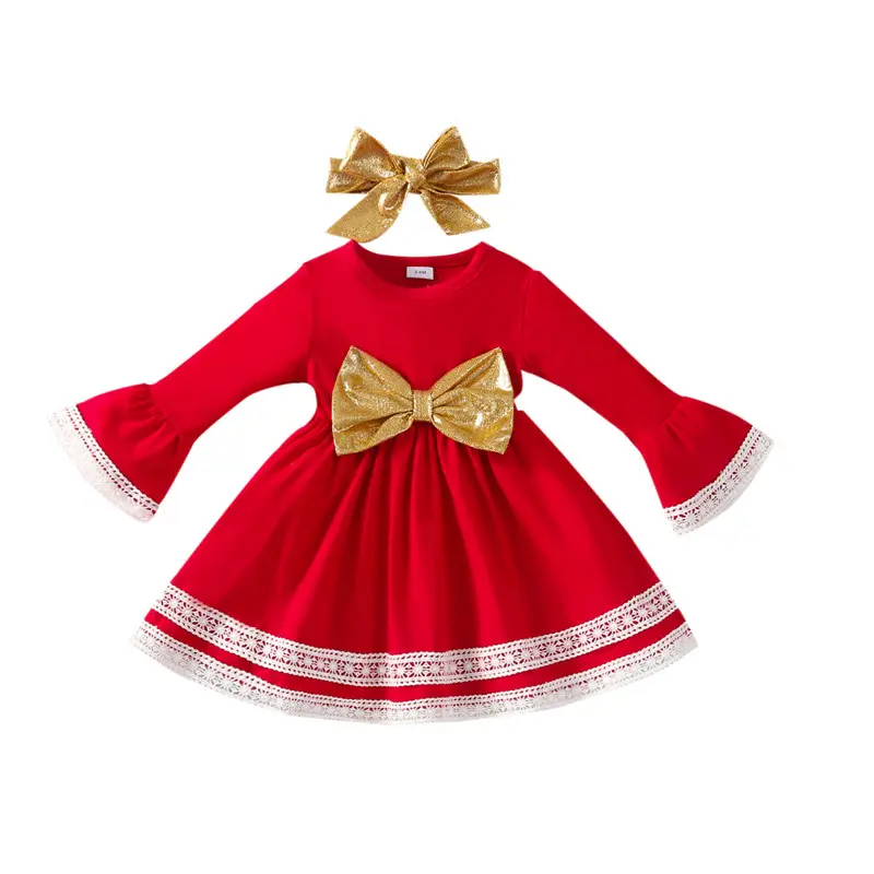 Vestido de algodón rojo de manga larga para niños, ropa de Navidad para fiesta de cumpleaños, regalo de Navidad, Navidad, X'mas