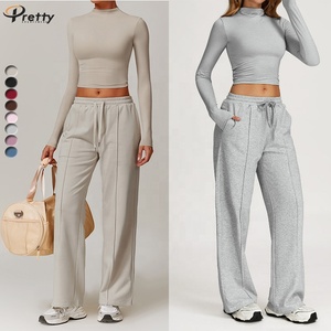 Ensemble de vêtements de sport pour femmes, automne-<span class=keywords><strong>hiver</strong></span>, haut à col haut à manches longues, pantalon de survêtement à jambes larges, vêtements de fitness, vêtements de course, logo personnalisé - Product Image 2