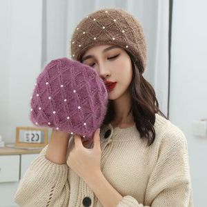 หมวกไหมพรมถักลายมุก หมวกเบเร่ต์อุ่นๆ สำหรับผู้หญิง สไตล์ลำลอง ฤดูใบไม้ร่วง ฤดูหนาว - Product Image 1