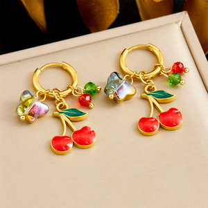 Fashionable Gold Plated Cherry Pendant Hoop Earrings With Iridescent Butterfly And Colorful Beads For Party Wear - Product Image 1