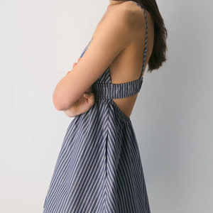 casual skirt Blue & White Vertical Striped <b>Spaghetti</b> <b>Strap</b> V-Neck Ruched Waist Flared Babydoll Mini Summer Dress Beach Wear - Product Image 5