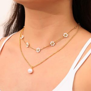 Joyería de moda, conjunto de collares de perlas doradas delicadas, gargantilla de perlas de Margarita bonita de acero inoxidable en capas, collar para mujeres, regalos - Product Image 4