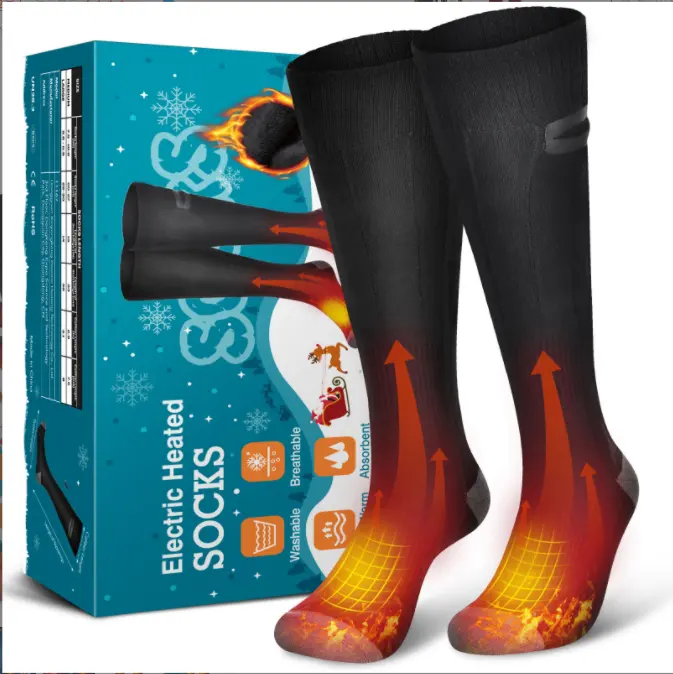 ถุงเท้าอุ่นไฟฟ้า,ถุงเท้ายาวให้ความอบอุ่นในฤดูหนาววัสดุถักนิตติ้งนุ่มยืดหยุ่นกันลมให้ความร้อนถุงเท้าเล่นกีฬา