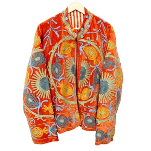 Veste décontractée unisexe en velours brodé style bohème, col mandarin, manches trois quarts, écologique, réversible, motif floral - Product Image 1
