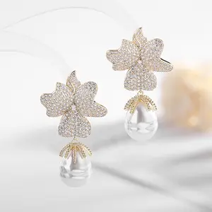 Wholesale Baroque Fresh Water Pearl Earrings Cubic Zircon Micro Pave Bridal Flower Pearl Drop Earrings for Party
