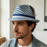 Chapeau Fedora bavarois personnalisé avec logo, chapeau Fedora bleu et blanc à carreaux avec plume