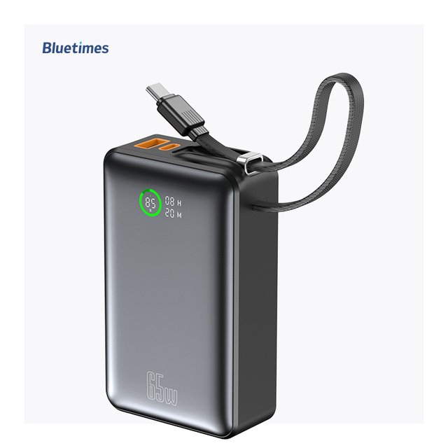 Bluetimes PD 65W 20000mAh High Capacity LED Display Built-In Cable Type C Interface Fast Charging Portable Power Bank