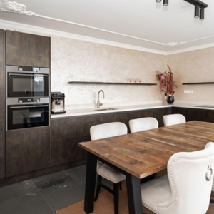 <span class=keywords><strong>Meuble</strong></span> de cuisine de luxe au design mat foncé, four encastrable, ensemble de salle à manger assorti disponible - Product Image 1