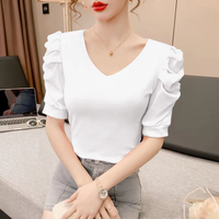 T-shirt court à manches courtes, col en V, manches bouffantes, respirant, uni, coupe ajustée, sexy, décontracté, écologique, pour l'été