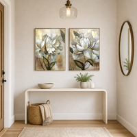 Lot de 2 tableaux muraux modernes peints à la main, fleurs blanches, texture feuille d'or, pivoine, décoration intérieure, chambre, canapé, salon, cadeau