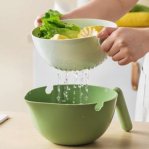 बहु-कार्यात्मक नई रसोई कोलैंडर स्ट्रॉन्नर घूर्णन प्लास्टिक डबल परत वनस्पति फल धोने की टोकरी - Product Image 2