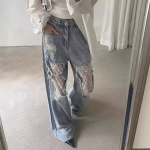 Jean en denim grande taille à empiècements en dentelle, taille haute, coupe large, déchiré, respirant et fluide, idéal pour l'été - Product Image 3