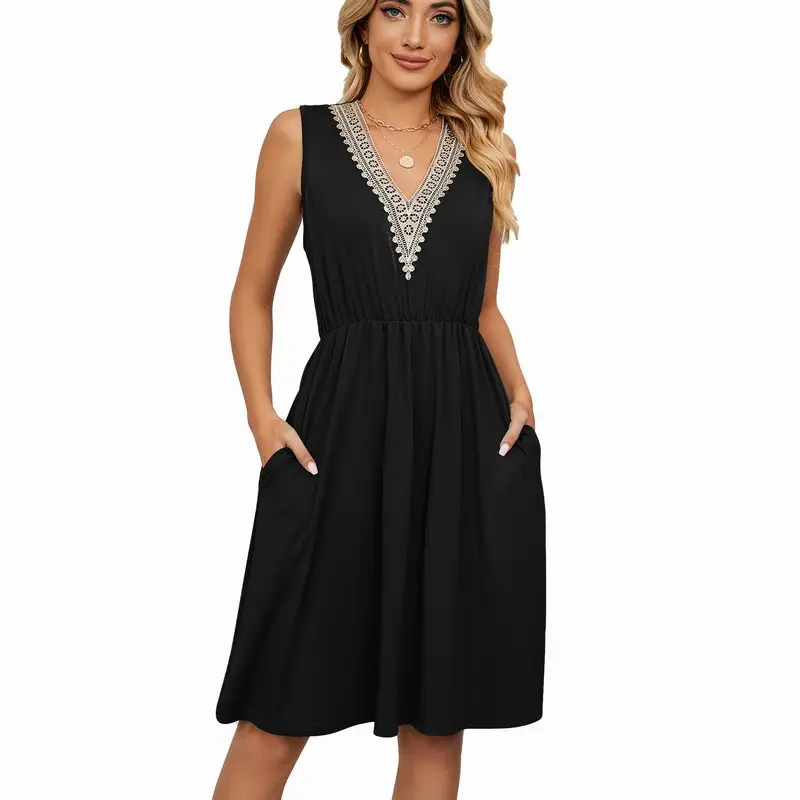 Women Solid Casual Lace V Neck Sleeveless Elegant Mid Length Slim Black Dress with Pockets