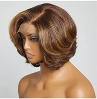 Perruque Bob Ombrée avec Mèches, Cheveux Humains Raides HD, Perruques Courtes Brésiliennes en Dentelle Frontale HD pour Femmes Noires