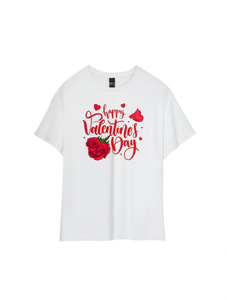 T-shirt da donna per San Valentino, manica corta, girocollo, in cotone bianco, stampa cuore di rosa, top casual primavera estate - Product Image 1