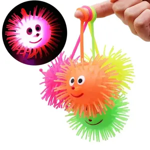 Multi-Color Smiling Face TPR Fluffy Squeezing Light Led Ball Animal Nose Squishy Face Flashing Rubber Puffer Balls For Kids