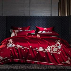 Parure de <span class=keywords><strong>lit</strong></span> haut de gamme en coton 140S brodé motif végétal 300 fils/cm², drap-<span class=keywords><strong>housse</strong></span> King Size rouge, linge de maison, taie d'oreiller - Product Image 1