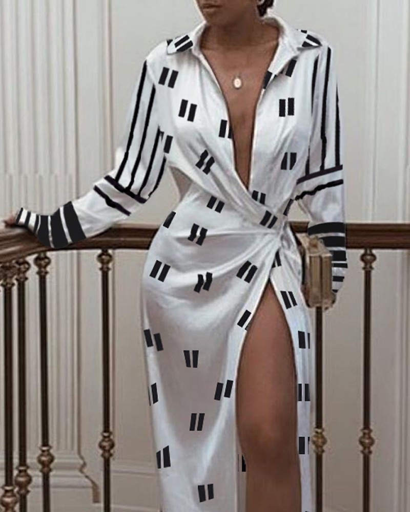 HYD6839 Autumn split mop dress shirt long sleeve printed dress for women