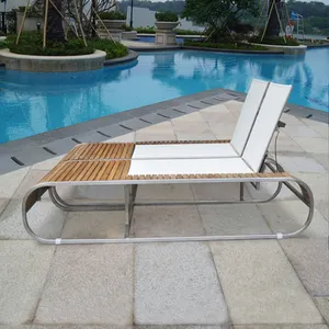 modern outdoor poolside high quality stainless steel teak sling double sun lounger