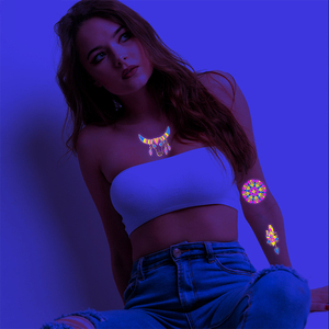 Vente chaude Autocollants temporaires lumineux réactifs aux UV pour le corps en papier imperméable, effet néon, brillance dans le noir, <span class=keywords><strong>tatouage</strong></span> temporaire pour le visage, le corps, les fêtes - Product Image 3