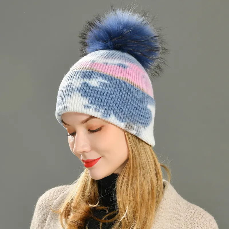 Women Multicolor Cashmere Hat Girls Warm Soft 2020 Winter Ladies Knitted Tie Dye Cashmere Beanie