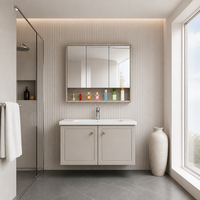 Ensemble de meuble-lavabo mural flottant en acier inoxydable kaki avec lavabo en céramique et armoire à trois portes avec miroir