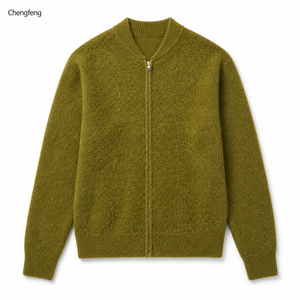 Cardigan long tricoté pour <span class=keywords><strong>homme</strong></span> vert olive, en <span class=keywords><strong>maille</strong></span> brossée duveteuse, veste bomber zippée intégrale, fournisseur de pulls cardigan avec logo personnalisé - Product Image 3