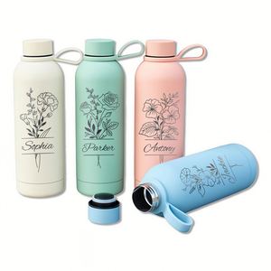 Bouteille d'eau personnalisée avec fleur de naissance, gravée sur mesure, isotherme avec poignée, gobelet en acier inoxydable pour les voyages - Product Image 1