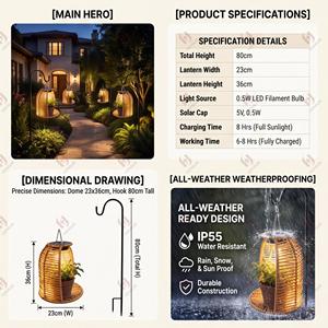 Lanterne suspendue en rotin semi-ouverte avec crochet de berger noir, panier tressé imperméable pour extérieur, éclairage de jardin - Product Image 2