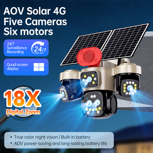 กล้องวงจรปิดรักษาความปลอดภัยแบบ PTZ พลังงานแสงอาทิตย์ 4G ความละเอียด 20MP 5 เลนส์ 6 มอเตอร์ 3PTZ ซูม 18 เท่า มุมมองภาพกว้าง บันทึกภาพตลอด 24 ชั่วโมง 7 วันต่อสัปดาห์  ดูภาพได้ 4 หน้าจอ กล้องวงจรปิดภายนอกอาคารแบบ Full Color - Product Image 1